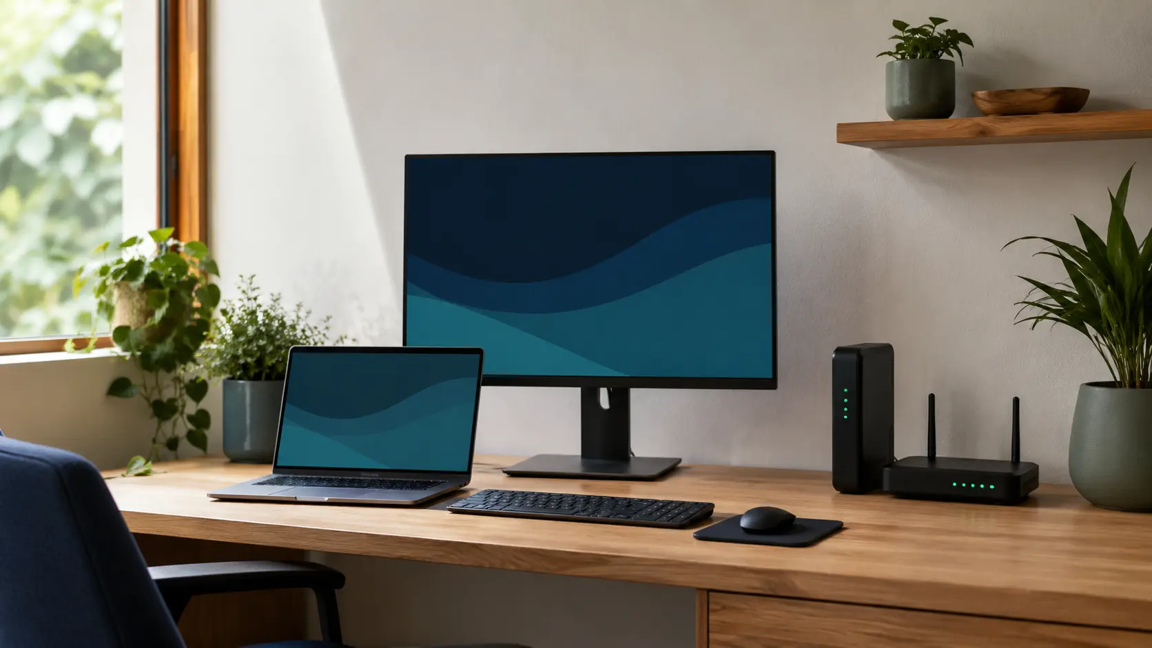 A tidy computer and networking workspace representing local IT support